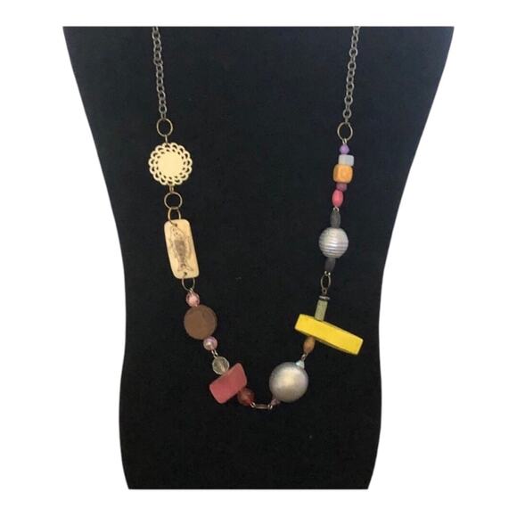 Vintage 1980’s Bohemian Multi Colors Shapes Materials Beaded Statement Necklace - Picture 7 of 9